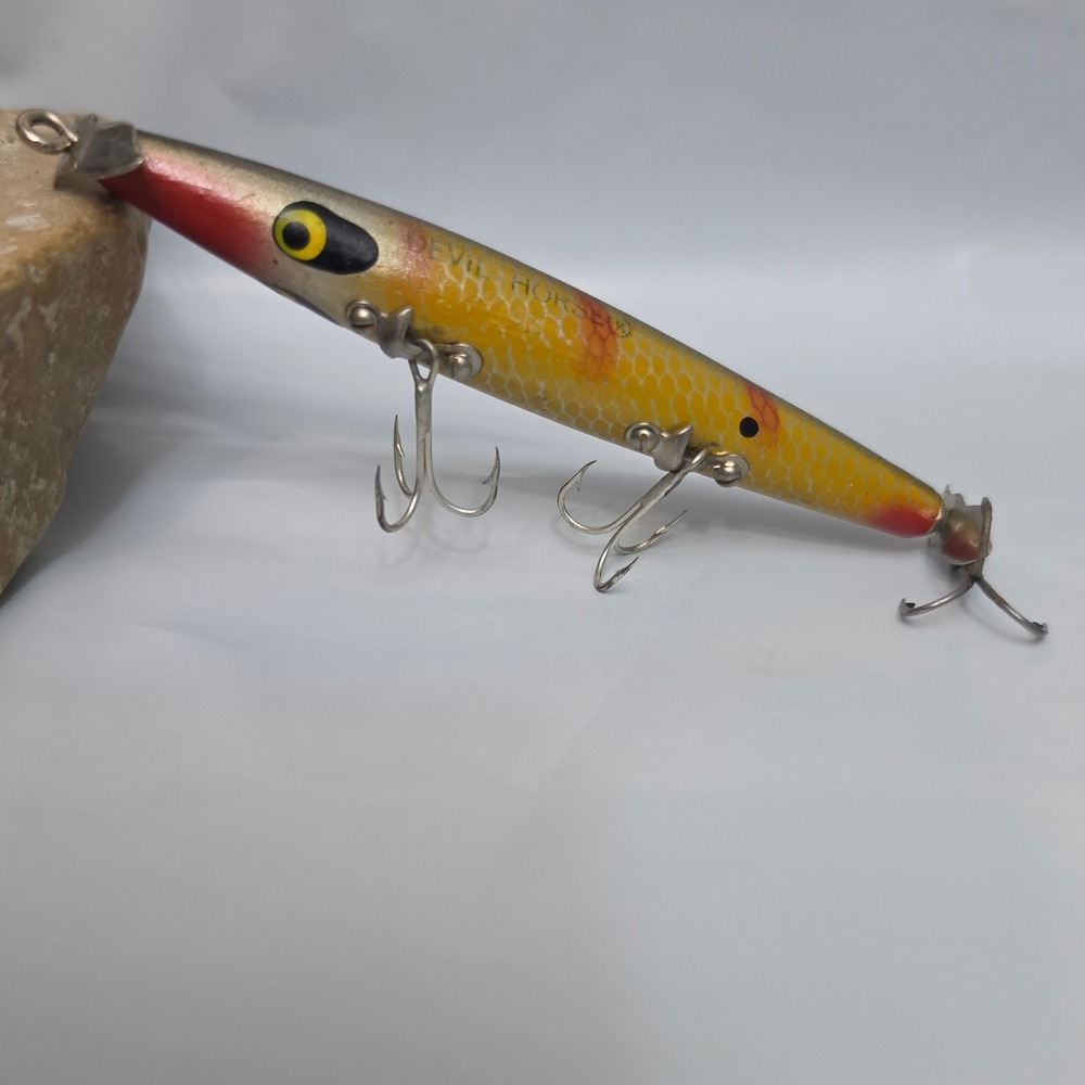 Vintage Wood Smithwick Devils Horse Lure Yellow Gold Scale Shiner Red Head Prop